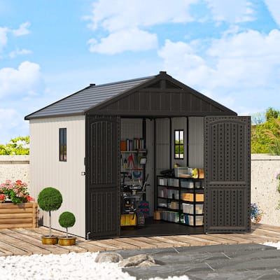 Patiowell 8' x 6' / 8' x 8' / 8' x 10 '/ 8' x 12' Plastic Outdoor Shed With Floor for Patio Furniture, Tools (Kick-It Shed)