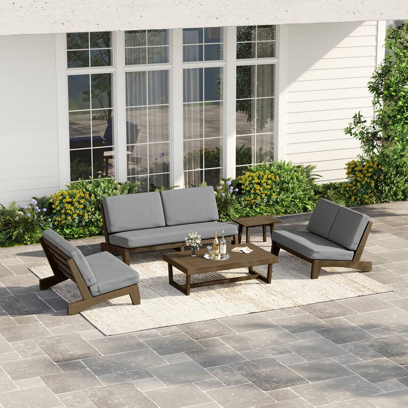 Casual Teak Outdoor Patio Conversation Set with Cushioned Sofa Loveaseat