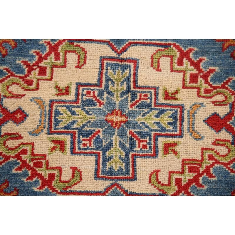 Kazak Oriental Accent Rug Hand-Knotted Blue Geometric Wool Carpet - 3'2"x 4'7"