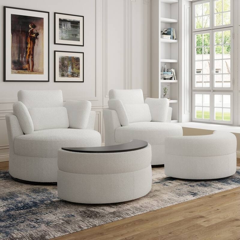 Chenille/Boucle Swivel Barrel Chair with Storage Ottoman