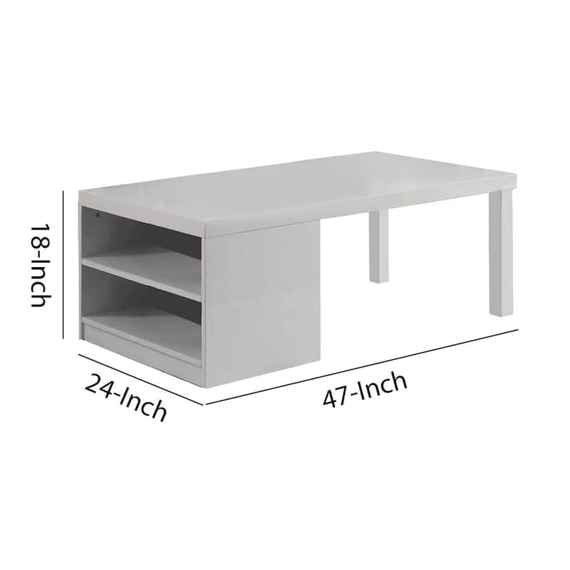 Wood and Metal Frame Coffee Table with Open Shelves, White and Chrome
