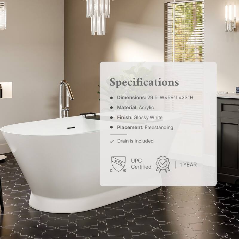 Eviva Princess 60" Glossy White Acrylic Freestanding Bathtub