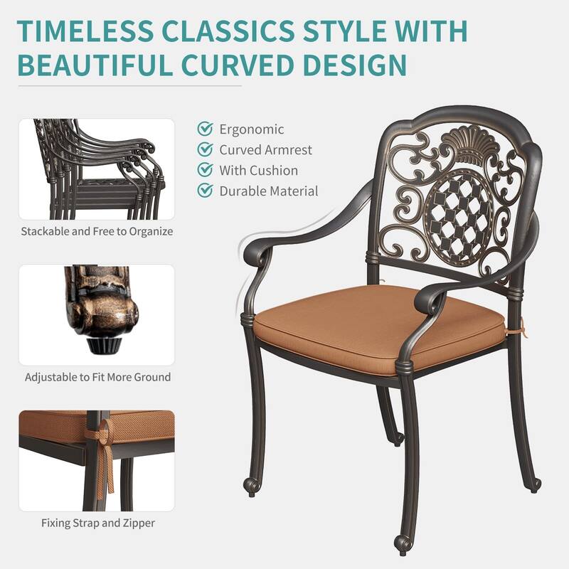 Outdoor Cast Aluminum Patio Chairs Dining Chairs of 2 with Cushion with Adjustable Foot Pads