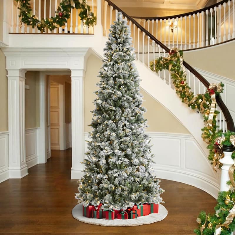 Glitzhome 7.5ft/9ft/11ft Pre-Lit Flocked Slim Pine Artificial Christmas Tree w/ Foot Pedal & Remote Control - 11FT
