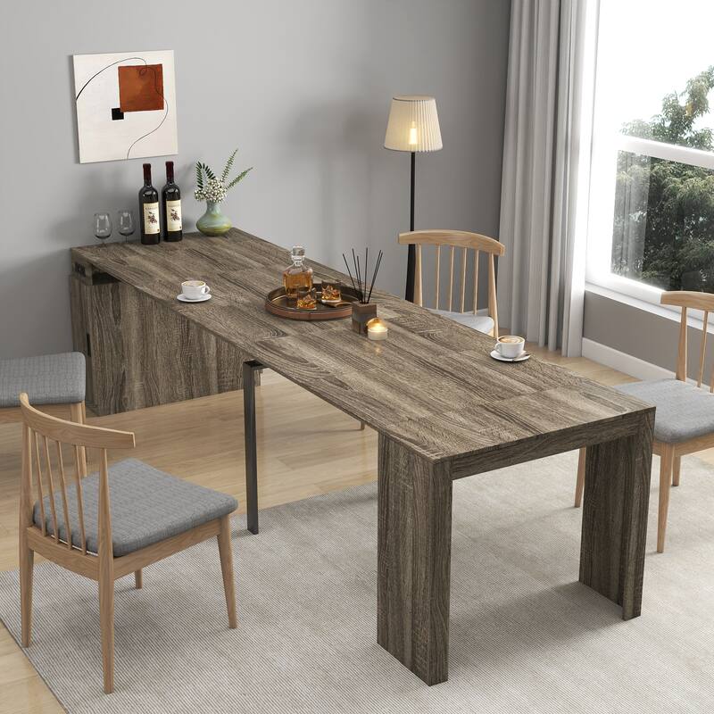 Modern Multifunctional Extendable Dining Table With Outlet,Space Saving Expanding Table With Storage - Brown