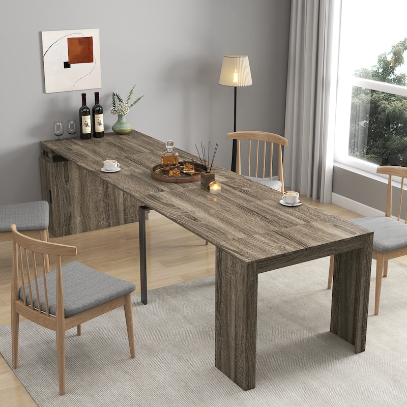 Roomfitters Modern Extendable Dining Table with Built-In Outlet, Multifunctional Expandable Console Table with Storage