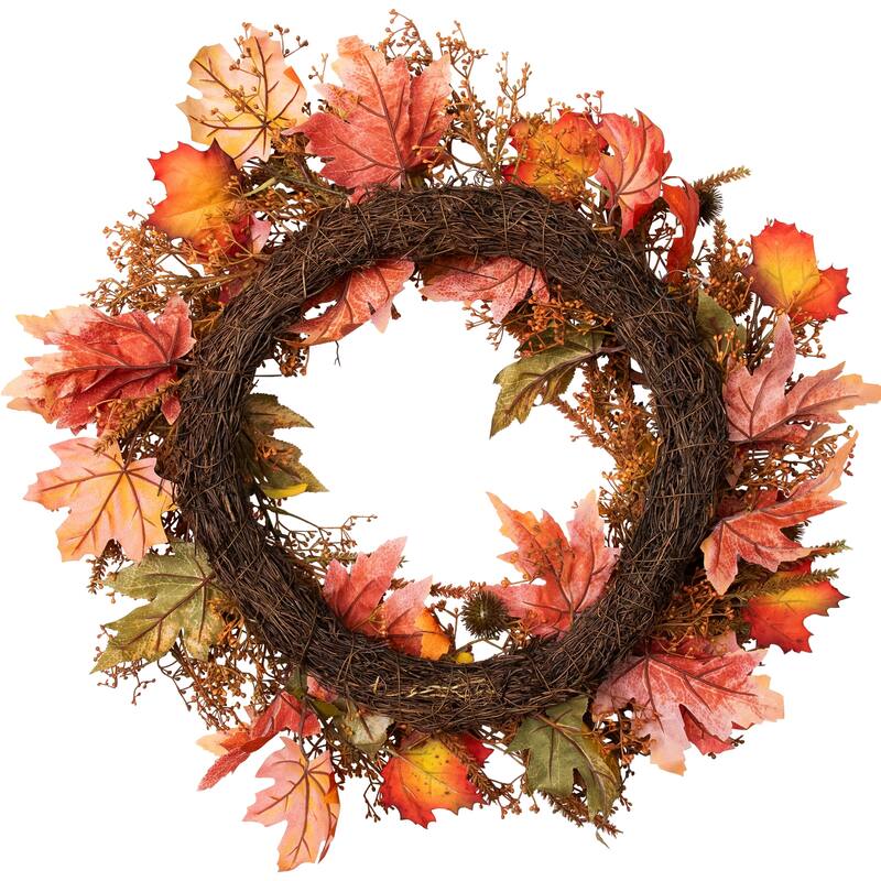 24" Autumn Harvest Maple Leaf with Berries Artificial Wreath; Unlit