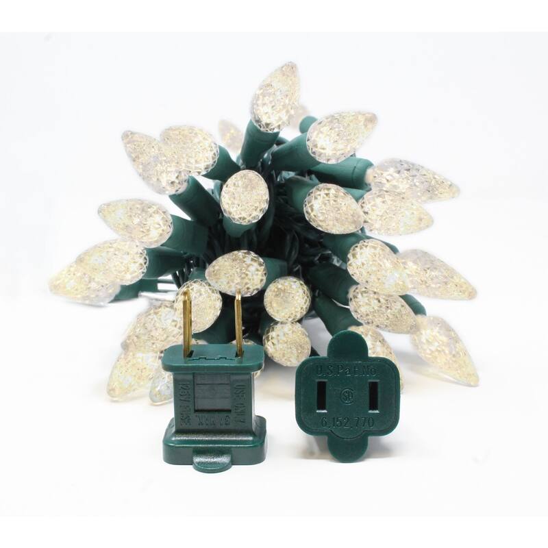 50 White LED C6 Faceted Christmas String Lights 25.17 ft Green Wire