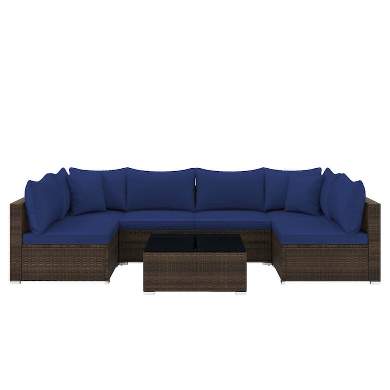 7 PCS Patio Rattan Furniture Set Outdoor Conversation Set w/ Cushions - Navy
