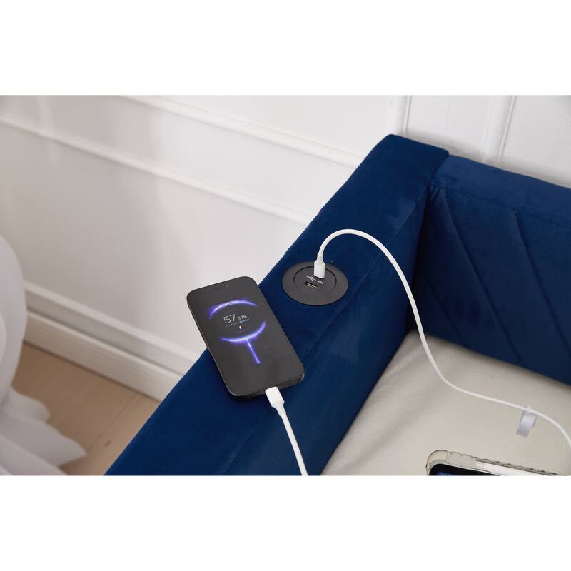 Twin Size Velvet Daybed with Trundle, USB Charging Port & Side Pockets, Modern Upholstered Sofa Bed with V-Pattern Backrest