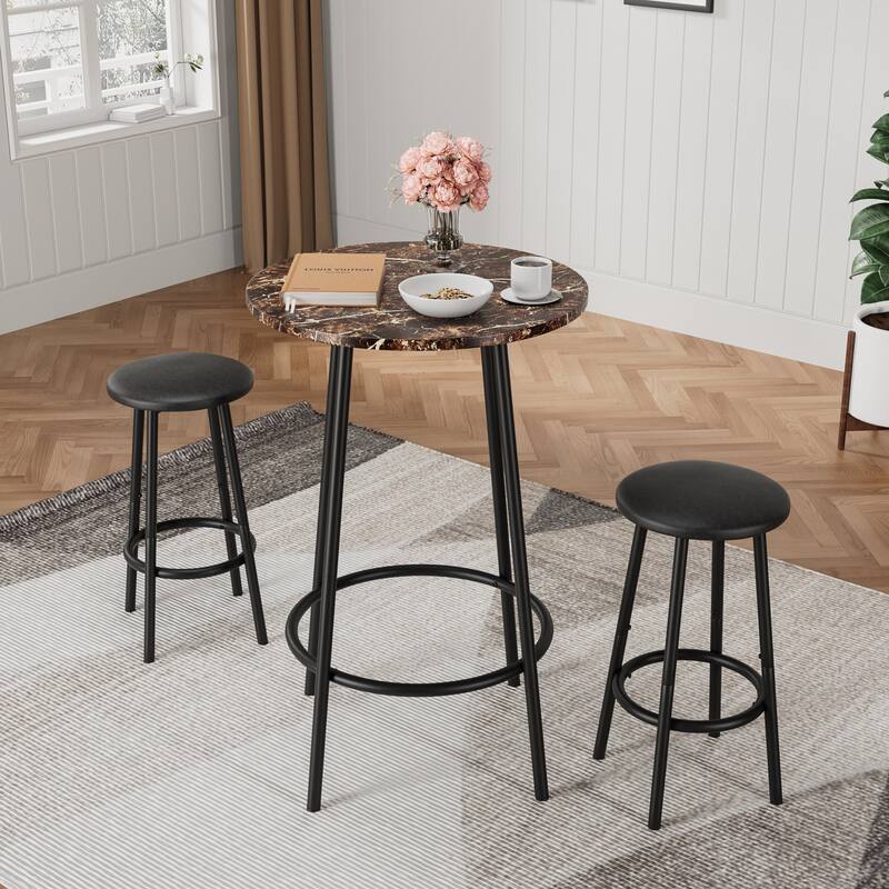 3-Piece Bar Table Set with 2 Bar Stools - Modern Pub Table - Brown+Black