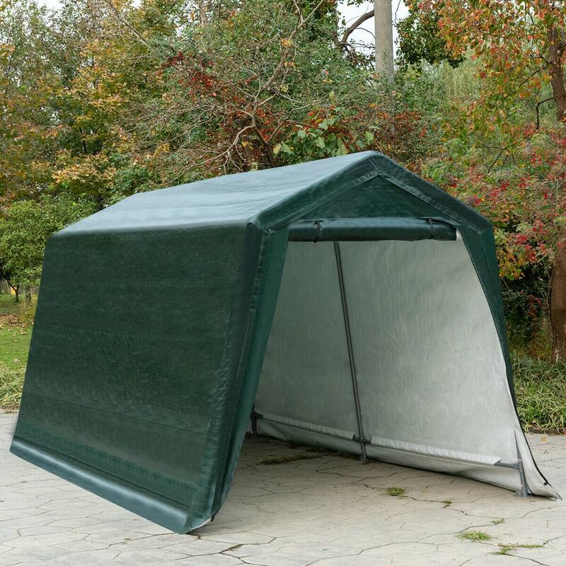 8x14ft Green Carport Tent with Sturdy Steel Frame and Waterproof PE Cover Ventilated Zipper Door - 8' x 14' x 7.6' (L x W x H)