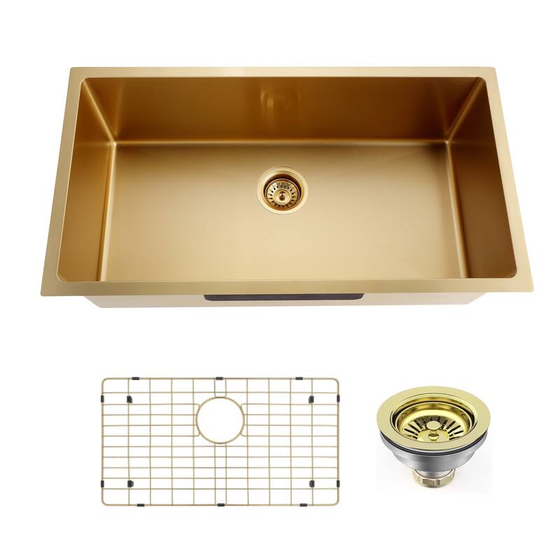 CB HOME 32 Inch Gold Kitchen Sink, 32x19 Undermount Single Bowl Sink, Stainless Steel Kitchen Sink with Drainer & Grid