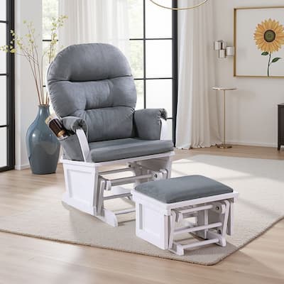 Noni Glider Manual Recliner Chair with Ottoman, White Wood, Gray