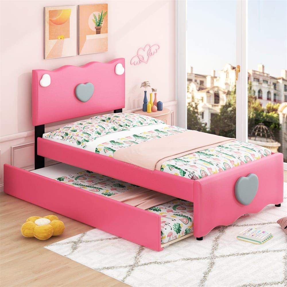 Twin Size Upholstered Platform Bed with Trundle and Heart Shaped