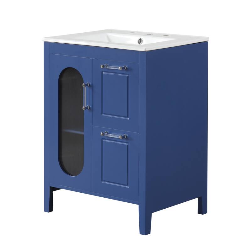 24" Black Bathroom Vanity with Sink - Solid Wood & MDF, Moru Glass Door, 2 Drawers, Adjustable Shelf