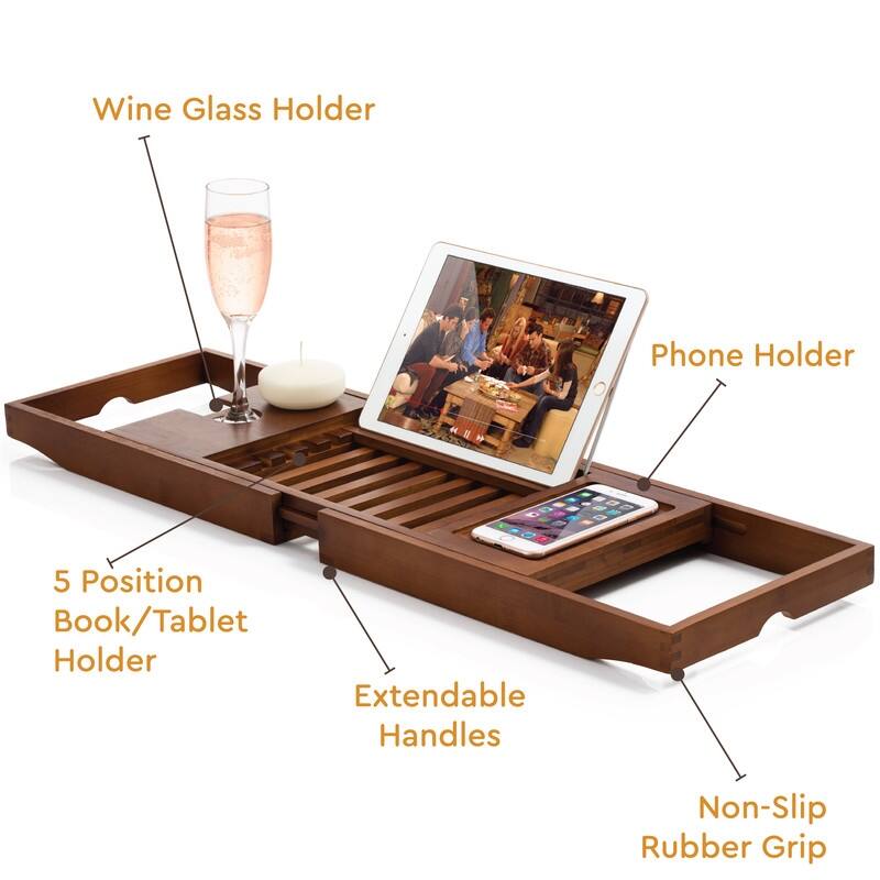 Bambusi Bathtub Caddy Tray with Extending Sides, Reading Stand, Wine Holder and Cellphone Tray