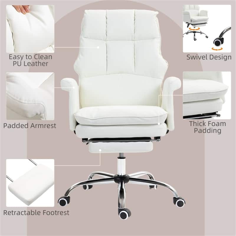 PU Leather Reclining Office Chair with Footrest and Swivel - 27.2" W x 25.2" D x 43.3" - 46.5" H