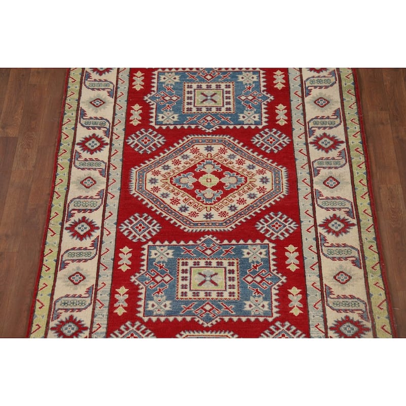 Red Geometric Kazak Runner Rug Handmade Oriental Wool Carpet - 4'1" x 13'8"