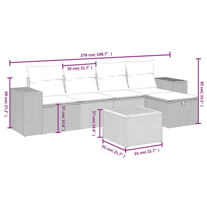 vidaXL Patio Sofa Set with Cushions Outdoor Furniture 6 Piece Poly Rattan