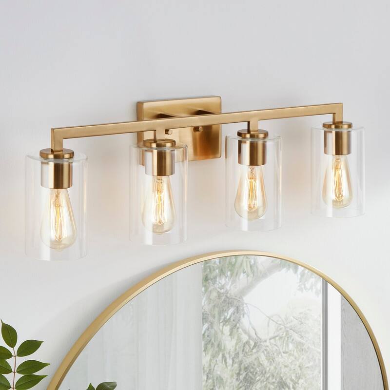 KAWOTI 28.75in 4-Light Bathroom Vanity Light with Clear Glass Shade - Antiqued Brass
