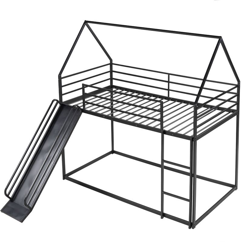Twin Over Twin House Bunk Bed with Ladder and Slide, Black