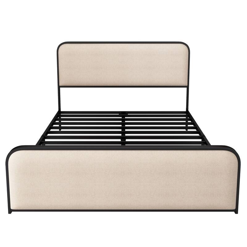 Modern Metal Platform Bed Frame with Upholstered Curved Headboard & Footboard, Heavy Duty Slats, Queen/King