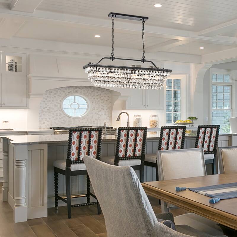 Antique Black 6-Light Rectangular Kitchen Island Lighting with Crystal Hanging