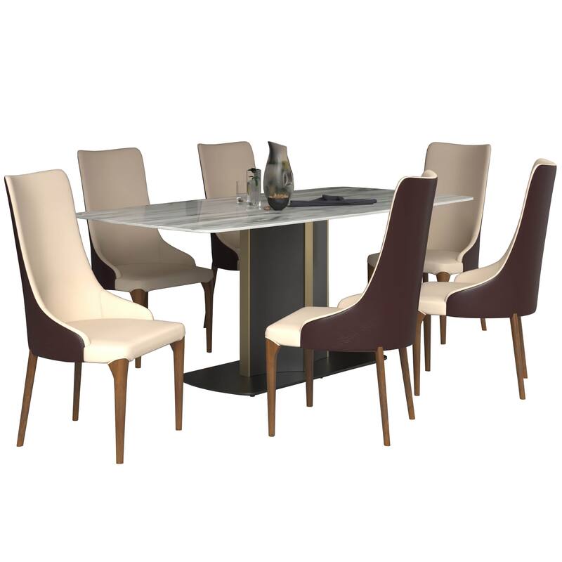 7-Piece Dining Set with 55-Inch Sintered Stone Dining Table and 6 Velvet/Leather Accent Side Chairs - Brown Leather