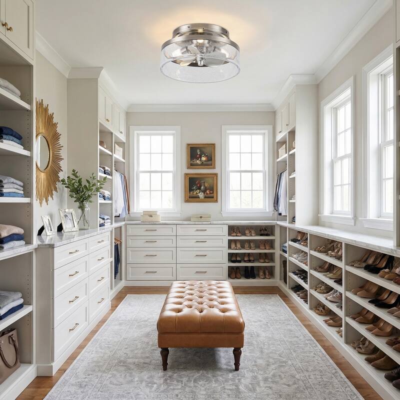 12.6-inch Satin Nickel Small Low Profile Fandelier Ceiling Fan with Light and Bubble Acrylic Cage - 12.6" W x 6.6" H