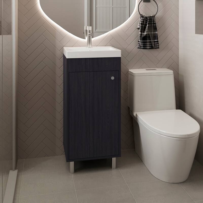Freestanding Bathroom Vanity With One Door,Two Shelves, Resin Sink Base Cabinet,Black - Black