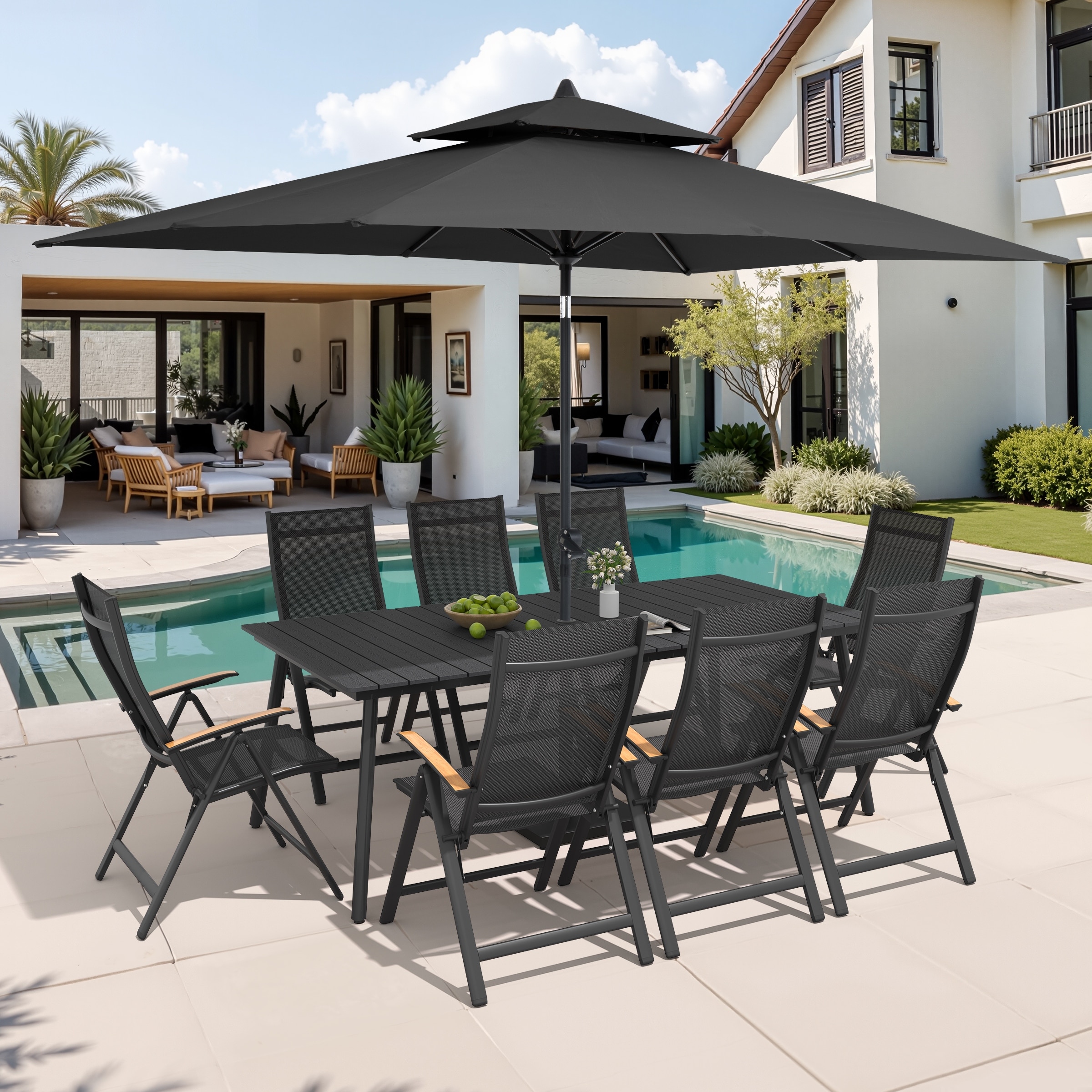 9/11-Piece Outdoor Aluminum Patio Dining Set w/10 ft Umbrella and Base, Rectangle Table and Folding Chairs