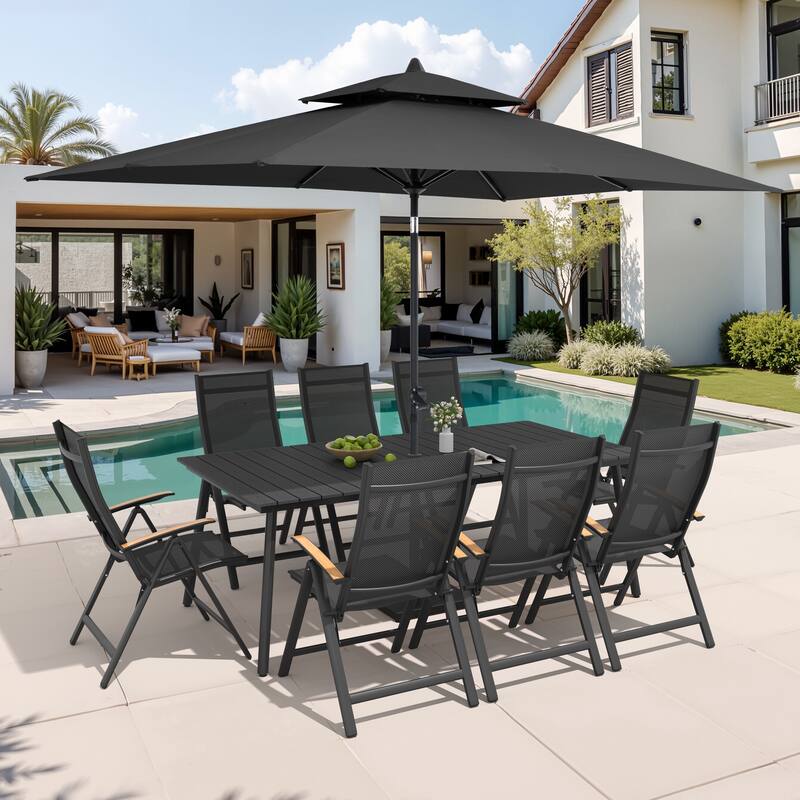9/11-Piece Outdoor Aluminum Patio Dining Set w/10 ft Umbrella and Base, Rectangle Table and Folding Chairs - Set of 11 -Black Table with Black Umbrella