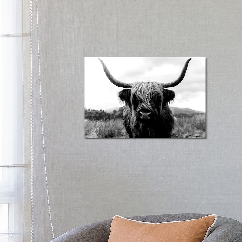 iCanvas "Portrait Of A Scottish Wooly Highland Cow In Scotland - Black And White" by Michael Schauer Canvas Print - 18x26x1.5