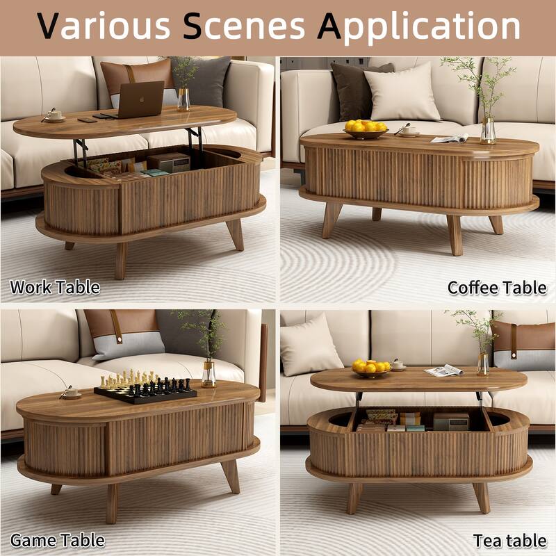 Fluted Lift Top Coffee Table with Hidden Compartment, Wooden Center Table, Modern Oval Lift Tabletop for Home Living Room