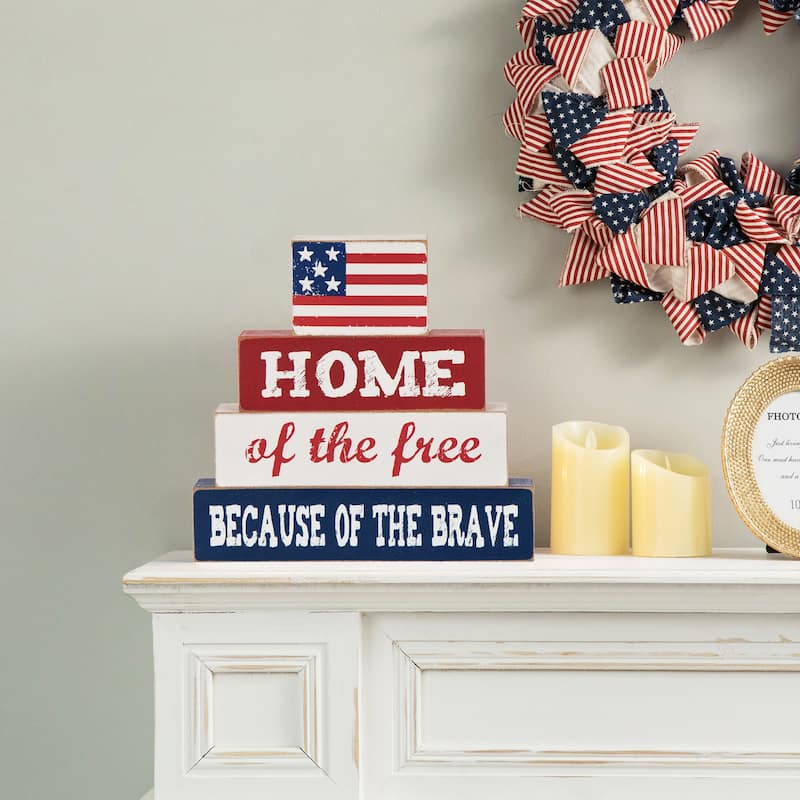 Glitzhome Patriotic/July 4th Free Standing Block Table Decor