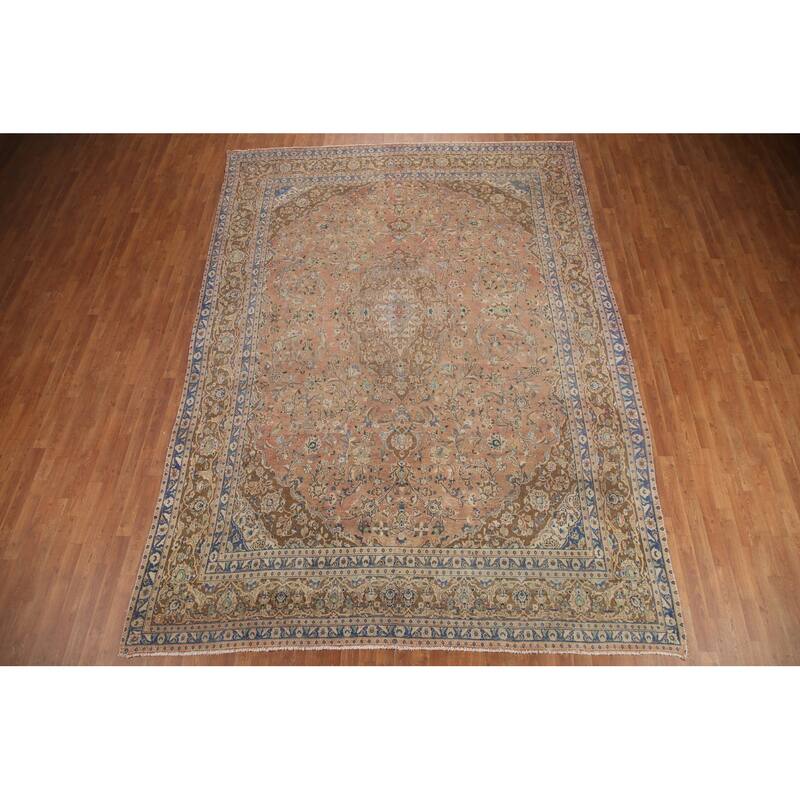 Hand Knotted Oriental 100% Wool Carpet Traditional Floral Coral Mashad Area Rug - 12' 6'' X 9' 2''