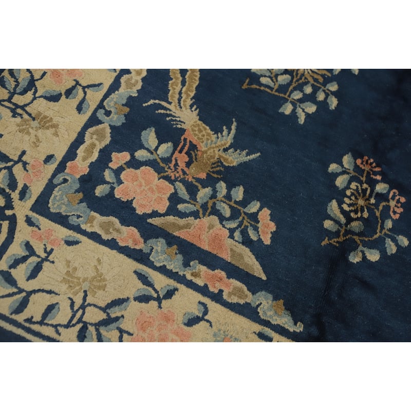 Hand Knotted Oriental 100% Wool Carpet Traditional Floral Navy Blue & Blues Art Deco Area Rug - 8' 9'' X 5' 10''