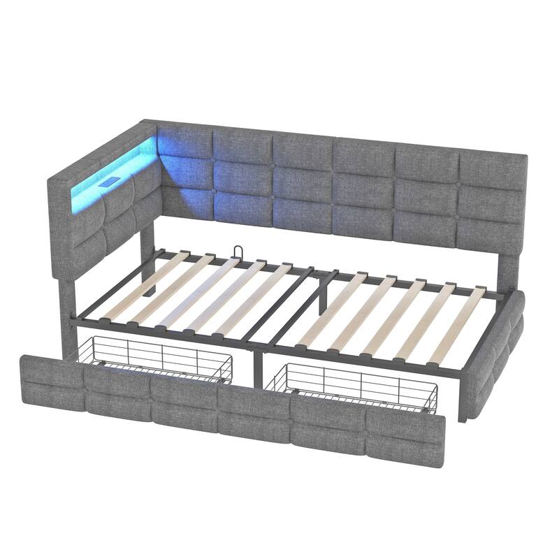 Upholstered Twin Size Daybed with 2 Drawers, Charging Station & LED Lights - Gray - Twin