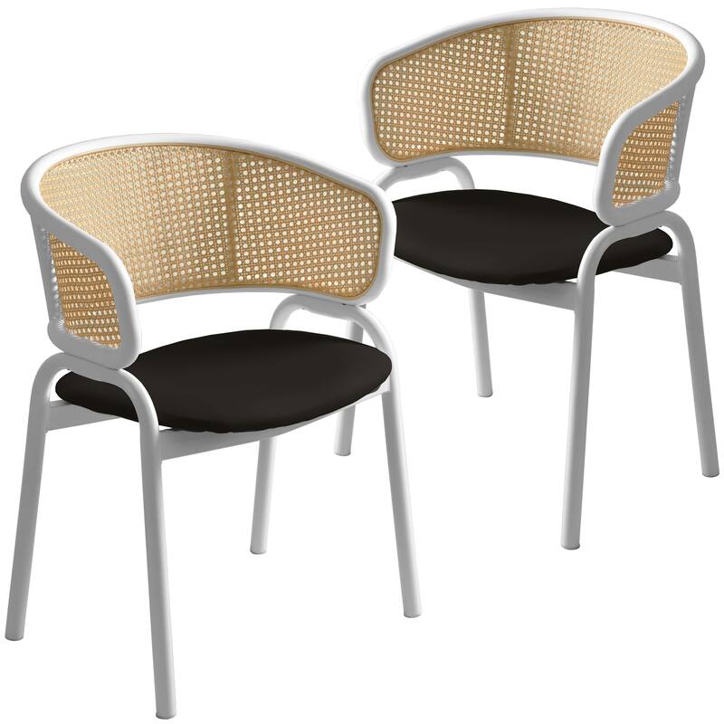 LeisureMod Set of 2 Minimalist Leather Dining Chairs with Wicker Back in Steel Frame - Side Chair for Home Office & Kitchen - Black