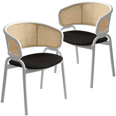 LeisureMod Set of 2 Minimalist Leather Dining Chairs with Wicker Back in Steel Frame - Side Chair for Home Office & Kitchen