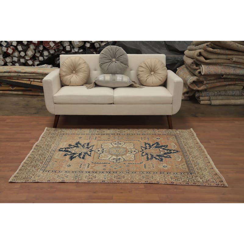 Hand Knotted Oriental 100% Wool Carpet Traditional Geometric Oranges & Rust Heriz Area Rug - 5' 9'' X 4' 2''