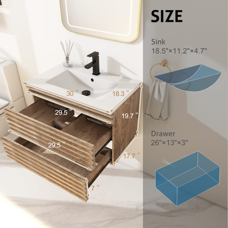 Wall Mounted Bathroom Vanity Set W/ Drop in Sink Mid-Century Cabinet Set