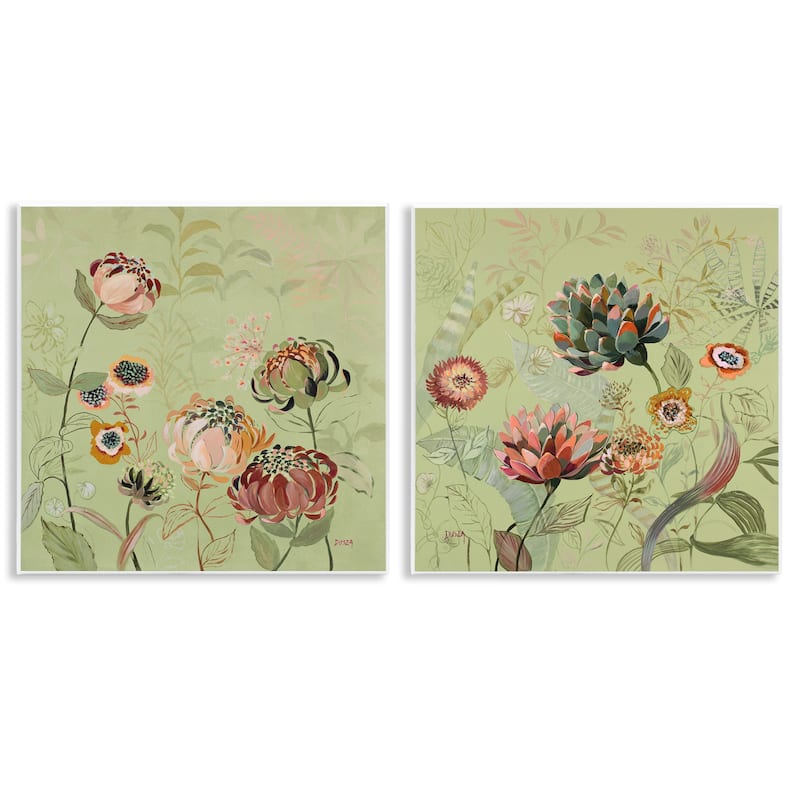 Stupell Chrysanthemums on Olive Green Wall Plaque Art Design By Dusza (Set of 2) - 12 x 12