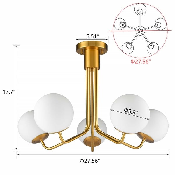 dimension image slide 0 of 2, Tanaro Mid-Century Modern Gold Semi Flush Mount Globe Ceiling Light 5 & 7 Lights - Brass