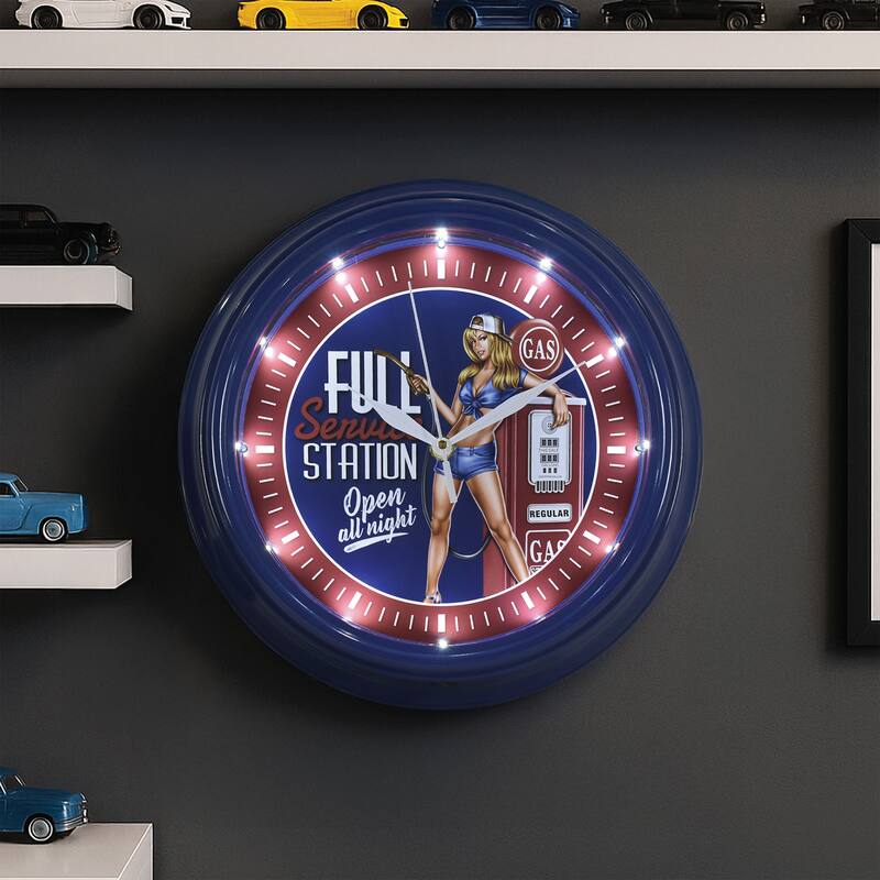 Corona Retro Round Neon Wall Analog Clock with Pull Chain - 14.5"