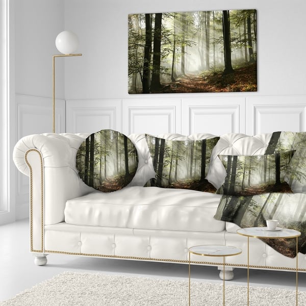 Designart Light In Dense Fall Forest With Fog Landscape Canvas Art Print On Sale Overstock 12101979