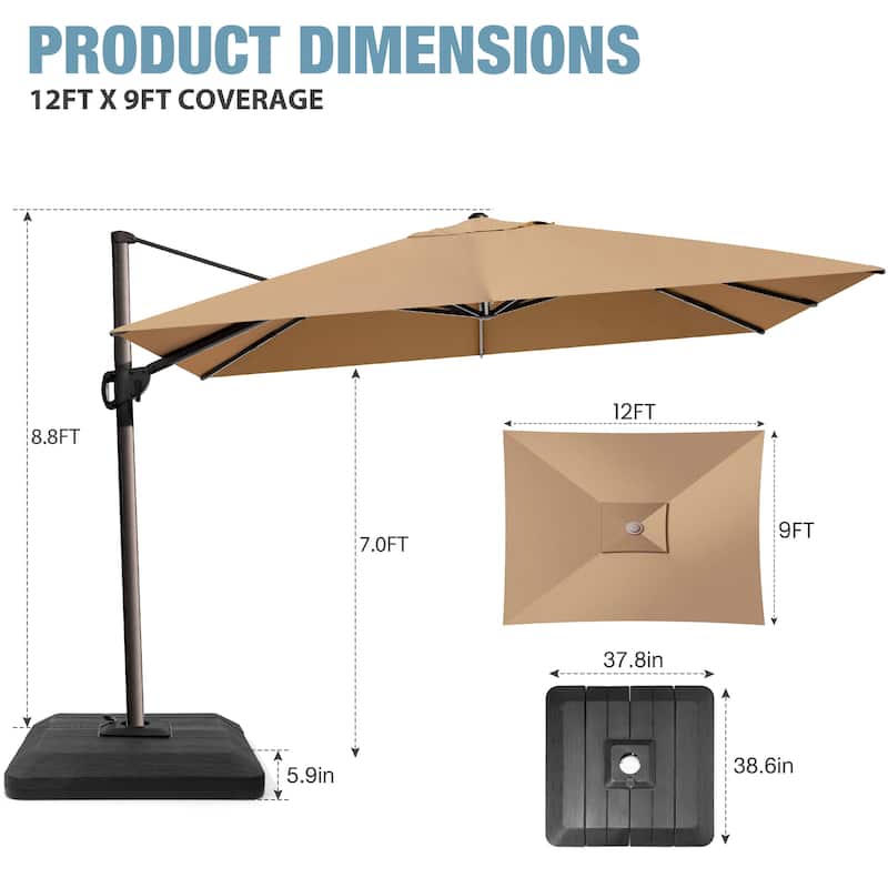 VredHom 9 x 12 FT Outdoor Patio Cantilever-Offset Umbrella with 4-piece Fillable Weighted Base