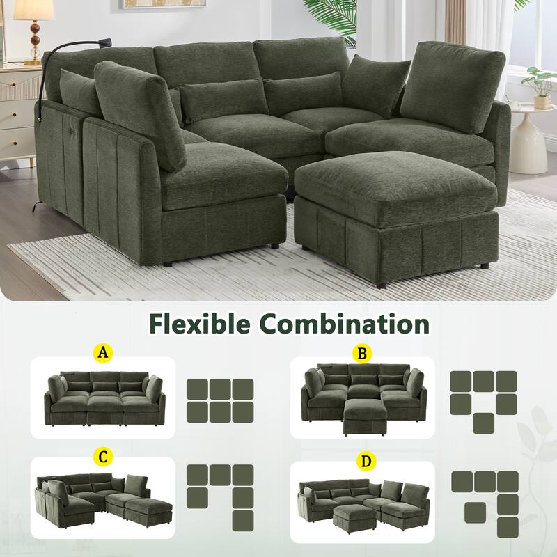 Modular Sectional Sofa with Movable Ottoman Convertible L-Shape or U-Shape Sofa Bed Built-in USB Charging Ports and Phone Holder
