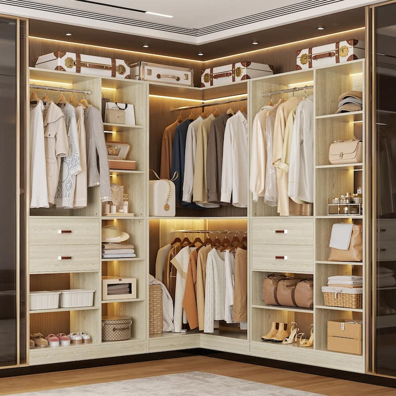 Set of 3 Corner Closet System with Tower Shelves, Closet Organizer with Drawers and Hanging Rods